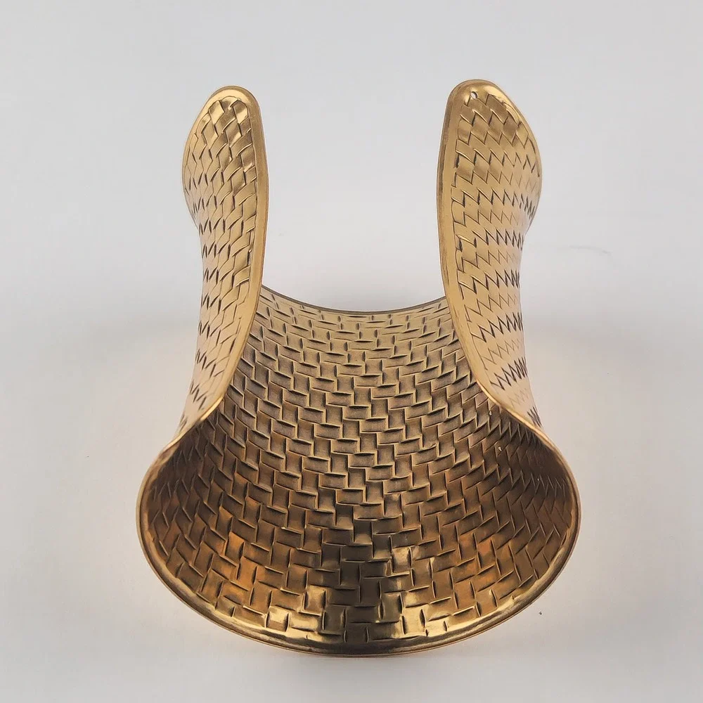 Gold Tone Extra Wide Textured Statement Cuff Bracelet Woven Boho Chic